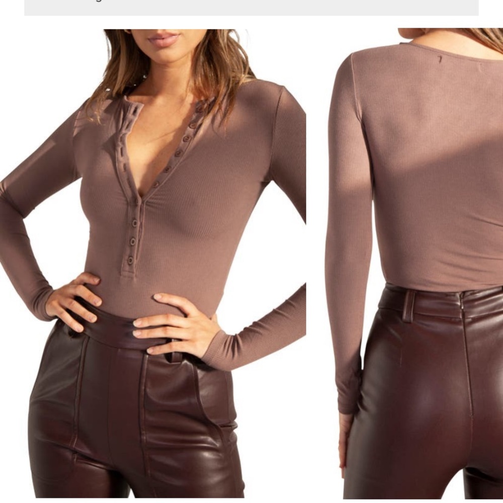 BAYSE Ribbed Henley Bodysuit Brown Medium